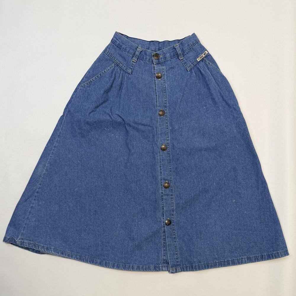 Vintage Cherokee Skirt Womens 4 Petite Blue Denim Button Front A-Line USA 90s